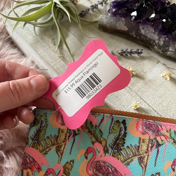 Canvas Flamingo Print And Pleather Clutch - Picture 6 of 7